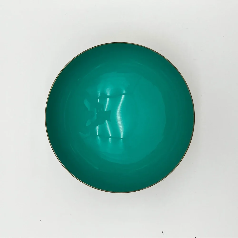 Vintage Decorative Brass Bowl 5in Teal Enamel Interior Textured Floral Gold